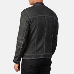 Men's Black PU Leather Moto <b>Jacket</b> Stand Collar Zipper Closure <b>Slim</b> <b>Fit</b> Washed Finish Biker Style Autumn Wear - Product Image 2