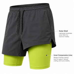 Men's Double-<b>Layer</b> Performance Shorts With Compression Liner Elastic Waist Drawstring Side Pockets Sporty Style - Product Image 5