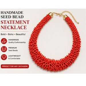Handmade Coral Red Seed Bead Casual Ball <b>Statement</b> <b>Necklace</b> for Women | Chunky 14K Gold Plated Collar <b>Necklace</b> | Bohemian - Product Image 3