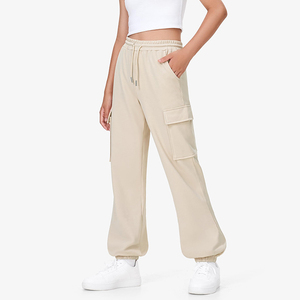 Pantalon de jogging cargo ample pour filles, taille élastique, logo personnalisé, tissu tricoté, beige, pour enfants - Product Image 1