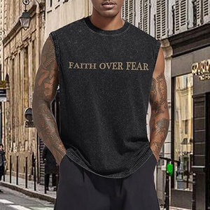 Camisetas sin mangas cristianas para hombre, camisetas sin mangas con estampado 'Faith Over Fear', camisetas de gimnasio con lavado ácido, camisetas deportivas con corte muscular, camisetas religiosas - Product Image 2
