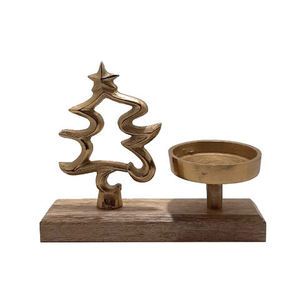 Support de bougie décoratif en métal doré avec base en bois pour bougies chauffe-plat, idéal pour la maison et l'intérieur - Support de bougie chauffe-plat - Product Image 1