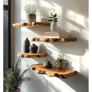 Étagères flottantes en teck recyclé avec bord en verre - Étagère murale en bois artisanale en gros - Product Image 1