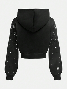 Sweat-shirt à capuche court noir personnalisé avec imprimé à pois en strass, coupe classique, unisexe, pour l'automne - Product Image 2