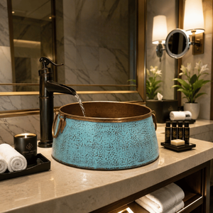 Handcrafted Copper Vessel Wash <b>Basin</b> with Turquoise Hammered Finish Luxury Countertop Bathroom Sink Premium Bathroom wash <b>basin</b> - Product Image 3