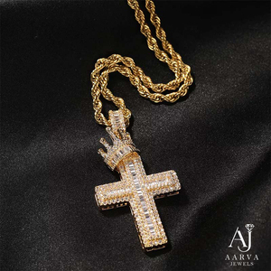 Vintage Christian Hip Hop Cross Pendant Necklace Iced Out Zircon <b>Crown</b> Baguette CZ 18K Gold Plated <b>Silver</b> Jewelry for Men Women - Product Image 6