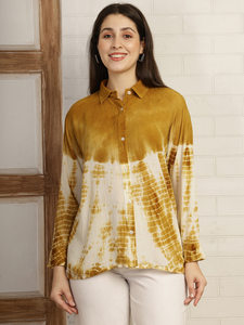 เสื้อเชิ้ตแขนยาวผ้าเรยอนเครปย้อมสีมัสตาร์ดสำหรับผู้หญิง คอปกแบบสเปรด สไตล์ลำลอง - Product Image 1