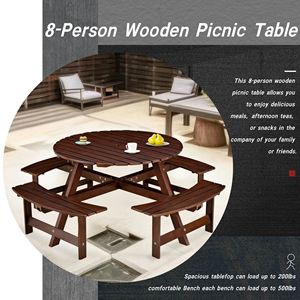 Outdoor 6-Person <b>Round</b> Picnic <b>Table</b> with 3 Built-In Benches Umbrella Hole <b>Garden</b> <b>Table</b> Bench Set for Picnics - Product Image 4