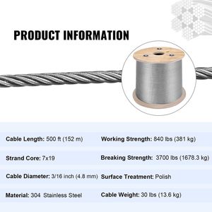 Cable de acero inoxidable 7x19 para aeronaves, rollo de 500 pies, 3/16 pulgadas, T304, cable de repuesto para cabrestante, cables de acero para aeronaves - Product Image 4