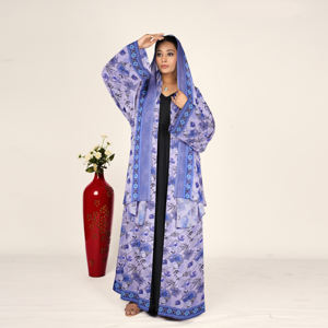 Abaya en mousseline imprimée florale avec foulard assorti pour femme, style ouvert sur le devant, tenue longue et modeste, vêtement islamique de style arabe - Product Image 1