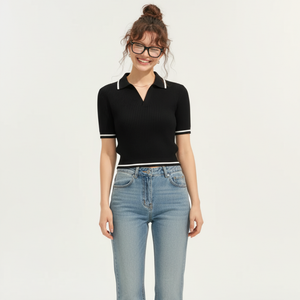 Womens Full Sleeve Jersey Ribbed Knit Eco-Friendly for Shirt Contrast Trim Slim Fit Casual Top Wholesale Factory Supplier - Product Image 1