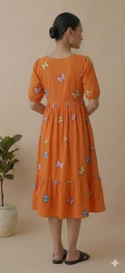 Orange Eco-Friendly Button A-Line <b>Maxi</b> <b>Dress</b> Short Sleeve O-Neck Casual Summer Woven Cotton Loose Fit Breathable Layered Hem - Product Image 3