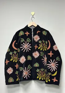 Handmade Black <b>Velvet</b> Suzani <b>Jacket</b> With Tropical Floral Embroidery Full Sleeve Stand Collar Bohemian <b>Women's</b> Winter Coat - Product Image 3