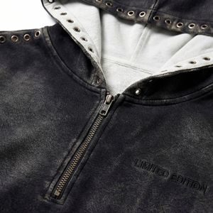 Black Washed Cropped Half‑Zip Hoodie with Metal Eyelets — Raw Hem| Streetwear Capsule OEM / Private Label - Product Image 3