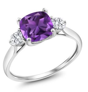 Anillo de Compromiso, Boda o Aniversario de Lujo, Chapado en Oro Blanco de 14K con Amatista, para Mujer, Plata de Ley con Piedra Preciosa - Product Image 3