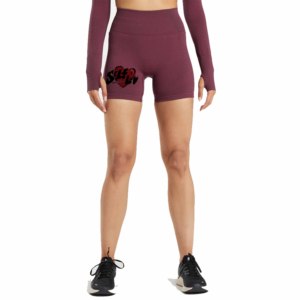 Shorts pour femmes à taille haute en tricot, imprimé logo cœur, respirant, taille élastique, style sportif, couleur bordeaux, 100% coton, écologique - Product Image 1