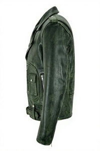Veste de motard en cuir vert pour homme avec fermeture éclair et poche poitrine - Product Image 4