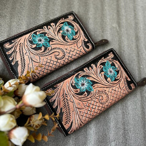 Hand Tooled Turquoise Flower Leather Wallet Stylish Genuine Leather <b>Zip</b> Continental Purse Western Clutch Card Case Gifts for Her - Product Image 4