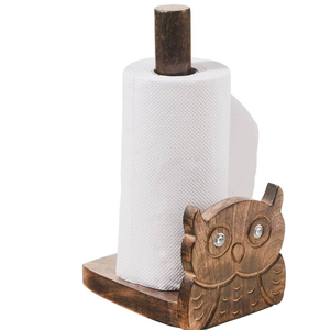 Porte-serviettes en papier en bois sculpté à la main en forme de hibou, support de rouleau de cuisine moderne sur pied, organisateur décoratif de comptoir pour usage domestique - Product Image 3