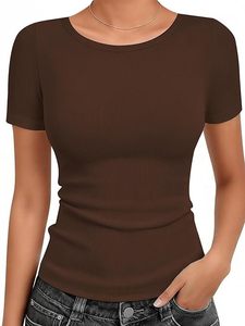 Women's Brown Ribbed O-<b>Neck</b> Short Sleeve Knitted Top Casual Solid Color T-Shirt - Product Image 1