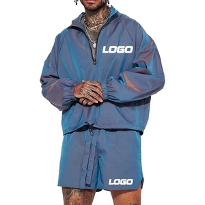 Ensemble short et sweat à capuche deux pièces pour homme, survêtement tendance, veste coupe-vent légère à blocs de couleur avec fermeture éclair, ensembles courts pour homme - Product Image 1