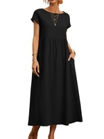 Frauen Vintage Solid Kleid Sommer Elegant O-Ausschnitt Kurzarm Baumwolle Leinen Kleider Weiblich Lässig Lose Sommerkleid Langes Kleid