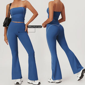 Women's 2 Piece Yoga Set High Waist <b>Flared</b> <b>Leggings</b> Solid Color Seamless Spaghetti Strap Crop Top All Day Support - Product Image 2