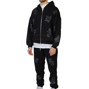 Ensemble survêtement homme vintage délavé à l'acide avec broderie personnalisée en strass, effet usé, le plus vendu - Product Image 1
