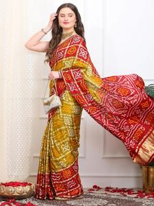 Sari de Seda Pura Ghatchola Bandhani, Sari Tradicional de Boda Gujarati y Rajasthani con Cuadros Zari - Product Image 5