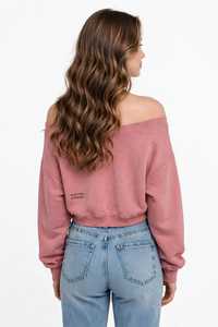 Sudadera corta de hombros caídos para mujer, rosa empolvado, con cuello asimétrico, manga larga, estilo casual, lavado, para invierno, top corto frontal - Product Image 4