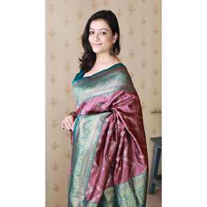 Sari de Seda Suave Rosa Coral Banarasi con Tejido Zigzag Meenakari Zari, Elegante para la Noche - Product Image 3