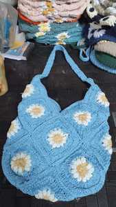Bolso Tote de Ganchillo para Mujer, Diseño de Margaritas Azules, Estilo Bohemio, Bolso de Hombro Hecho a Mano para Playa de Verano, Cierre Abierto - Product Image 3