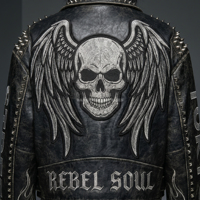 Blouson Moto Femme en Cuir de Vachette Noir, Style Punk, avec Broderie Tête de Mort et Ailes, Clous et Imprimé au Dos 'Rebel Soul'