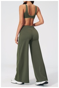 Olive Green 2Piece Yoga Set Racerback <b>Crop</b> <b>Top</b> High Waist Flared Pants Breathable Spandex Polyester Solid Color Contrast Binding - Product Image 6