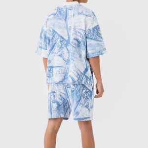 Men's Blue White Printed Polyester Stand <b>Collar</b> <b>T</b>-<b>Shirt</b> Shorts Set Breathable Color Blocking Digital Printing Casual Summer Wear - Product Image 2