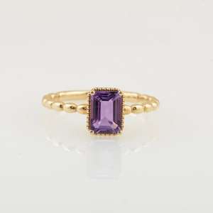 Bague Solitaire Améthyste Délicate Coupe Émeraude Pierre Précieuse Violette Alliance Mariage Bijou Pierre de Naissance Argent 925 Or 14K - Product Image 1