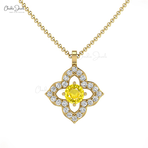 Pendentif floral délicat en or massif 14 carats avec saphir jaune taillé de 3 mm et diamant, collier personnalisé, vente en gros, provenant d'un fournisseur vérifié - Product Image 1