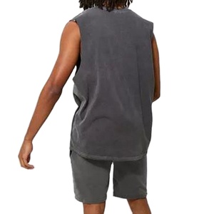 Ensemble décontracté 2 pièces pour homme en tissu peigné, taille mi-haute, débardeur et short, 100% coton, respirant, infroissable, imprimé, style survêtement - Product Image 6