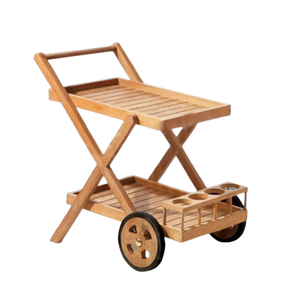 Ce chariot de service d'extérieur en teck brun Grayson Lane présente un design pliable en forme de X et un porte-bouteilles intégré. - Product Image 1