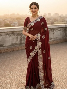 Indian Traditional Ethnic Vichitra Silk <b>Saree</b> with Embroidery Work for Women Wedding Party Wear Elegant Outfit - Product Image 1