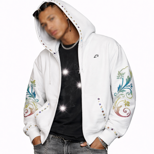 Sudaderas con capucha de algodón polar con cremallera completa, estampadas con pedrería multicolor, para hombre, estilo urbano artístico, desarrollo de ropa personalizada - Product Image 4