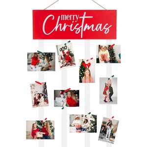 Portafotos Navideño Estilo Rústico con 24 Clips, Letrero Colgante de Madera para Pared, Soporte para Tarjetas Navideñas, Decoración Navideña DIY - Product Image 1