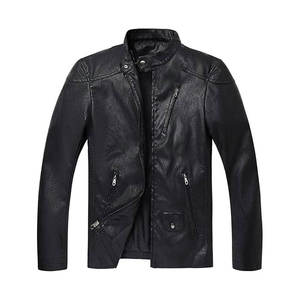 Chaqueta de Moto para Hombre de Cuero Genuino Ecológico con Bloques de Color Frontales, Cuello Alto, Cierre de Cremallera, Negro Sólido, Ajuste Delgado Regular - Product Image 3