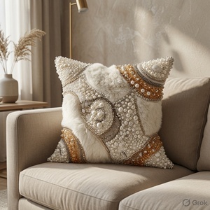 Luxury Handcrafted Faux Fur Embroidery Decorative <b>Throw</b> Pillow 18x18 Geometric Floral Leaf Print Floor Pillow - Product Image 3