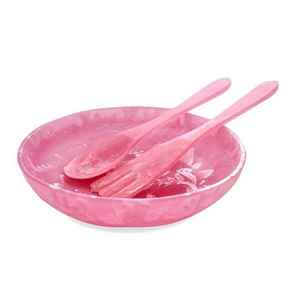 Pink Resin Serving Bowl With Spoon And Fork <b>Set</b> Round Floral Pattern Handmade Home Decoration - Product Image 1