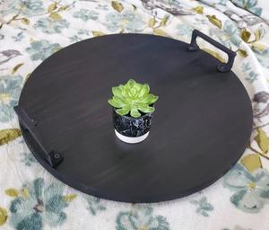 Bandeja redonda de madera rústica hecha a mano, bandeja para mesa de centro otomana, bandeja de madera multiusos - Product Image 3