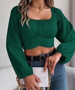 Hauts décontractés coréens pour femmes, en tricot, à col carré, manches longues lanternes, taille lacée, coupe midi, qui flatterent la silhouette - Product Image 4