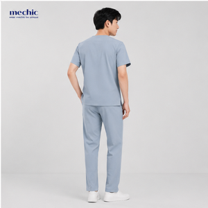 Ensemble de blouses médicales bleu clair pour hommes, col en V, en tissu tissé poly-rayonne-élasthanne, infroissable et anti-humidité - Product Image 2