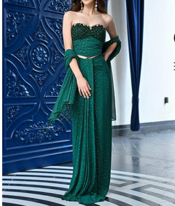 YOUNG EXPORTS Green Strapless Floor-Length Ball Gown Sequined Maxi Evening Dress Ruched Anti-Wrinkle Anti-Static Wear - Product Image 2