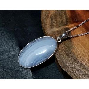 Pendentif ovale en agate bleue naturelle, serti en argent sterling 925, fait main, breloque en agate rayée, bijoux en gros - Product Image 2
